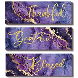 ONIZHITY 3Pcs Purple and Gold Bathroom Decor Purple Gold Wall Decor Thankful Grateful Blessed Quote Marble Style Versatile Home Art for Motivation Girls Bedroom Living Room Office(Purple Gold 12x4