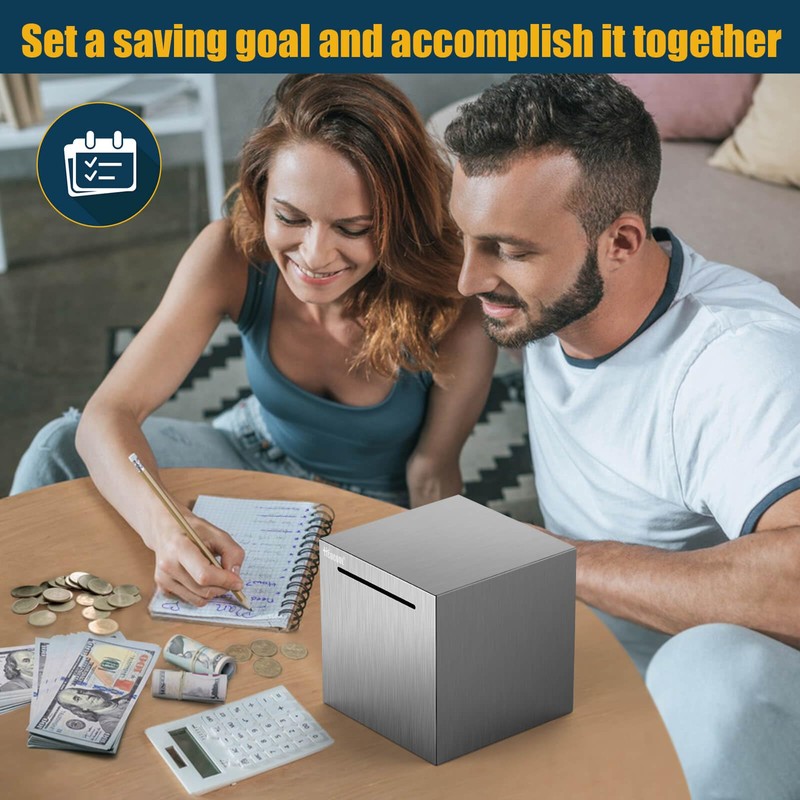 500万円 貯まる|正方形 ステンレス製の貯金箱|大容量メタルバ|ンクまずは500万円貯められる|15x15x15cm，シルバー