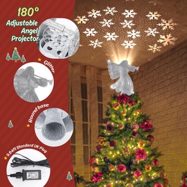 Wikay Christmas Tree Topper Projector Light Angel Snowflake Projector Light Tree Topper with Rotating LED Christmas Decorations Light Up Angel for Christmas Tree Decorations Party New Year Decorations