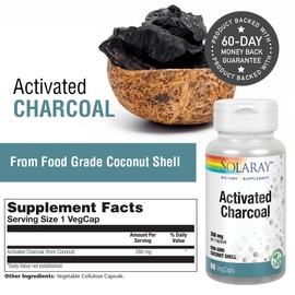 SOLARAY Activated Charcoal 280mg | Coconut Source | Healthy Inner Cleansing & Digestive Tract Support | Non-GMO, Vegan & Lab Verified | 90 Capsules