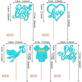 30 piezas de adornos para cupcakes de baby shower, con purpurina, para decoración de pasteles de bebé, diseño de corazón de amor, para baby shower, para niños, cumpleaños, fiestas, color azul