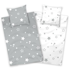 Aminata kids Bed Linen 135 x 200 cm Stars Grey White Cotton Star Motif Zip Soft & Breathable Summer Bedding Set Boys Girls - Reversible Bed Linen