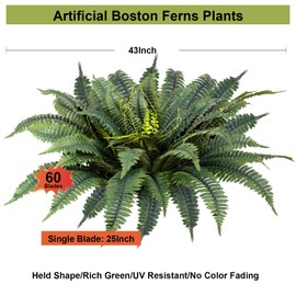 TROKUZEN Fake Ferns 43 Inch Artificial Boston Fern Plants Large,UV Resistant Hanging Faux Greenery with 60 Branches, Realistic Foliage for Porch Patio Planter, Indoor/Outdoor Decor