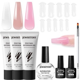 JEWHITENY Poly Extension Gel Nail Set Clear Pink Poly Nail Gel With Slip Solution Base Coat Top Coat French Manicure Need U V Lamp Curing for Finger Art and Home DIY