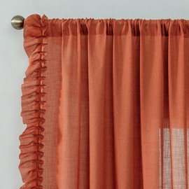 Rust Orange Linen Curtains 84 Inches Long 2 Panels Autumn Fall Farmhouse Scalloped Curtains for Bedroom Living Room, Rod Pocket Privacy Cottage Ruffled Curtain Semi-Sheer Window Drapes, W58 x L84 Inch