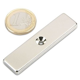 Strong Neodymium Block Magnet 60 x 15 x 5 mm N45 Nickel with Countersunk Hole Countersunk Bore for Screwing on Screw-On Holding Magnet Power Magnet Cuboid