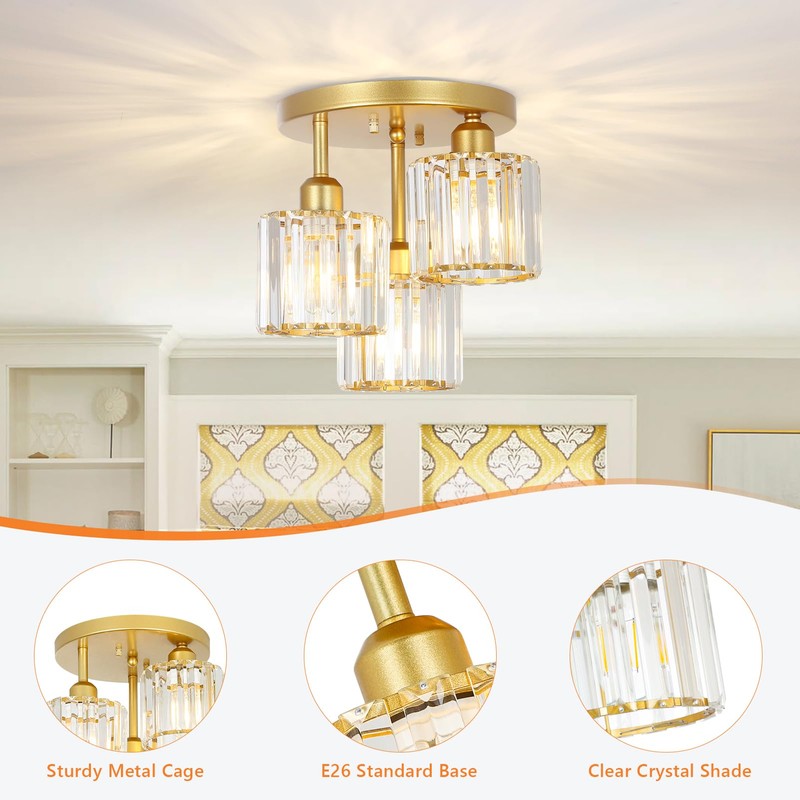 PAUFUL Modern Semi Flush Mount Ceiling Light,3-Light Golden Crystal Close