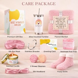 Paquete de Cuidados Get Well Soon para Mujeres, 12 Piezas Caja de Regalo de Autocuidado de Lujo con Manta Rosa Acogedora, Vaso Térmico, Vela y Canasta