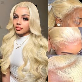MUXFILLA 613 13x6 Lace Front Wig Human Hair 200 Density HD Body Wave Blonde Lace Front Pre Plucked Lace Frontal Wig Blonde, 24 Inch