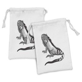 Lunarable Iguana Fabric Pouch Set of 2, Digital Drawn Monochromatic Big Lizard on Plain Backdrop Wild Habitat Print, Small Drawstring Bag for Toiletries Masks and Favors, 9" x 6", Black and White