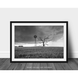 Country Photography Print (Not Framed) Black and White Picture of Windmill and Tree in Wheat Field as Storm Approaches in Oklahoma Farm Wall Art Farmhouse Decor 4x6 to 40x60