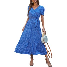 PRETTYGARDEN Women's Summer Floral Boho Dress Wrap V Neck Short Sleeve Ruffle A-Line Flowy Maxi Wedding Guest Dresses (Blue Floral,XX-Large)