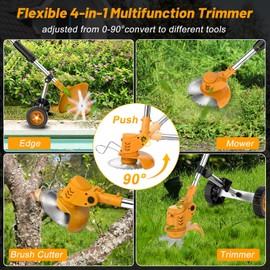 Electric Weed Wacker Cordless Weed Eater Battery Powered 21V, 4-in-1 Brush Cutter/String Trimmer/Grass Trimmer/Lawn Mower, 6 inch Lightweight Edger Stringless Weed Trimmer with Wheel & Blade,2 Battery