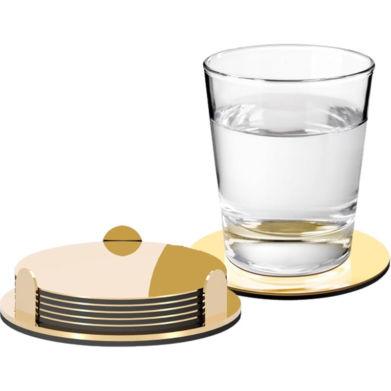 Coasters Set of 6 With Holder Silver - Gold Stainless