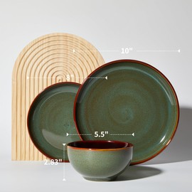 Pokini Plates and Bowls Sets for 8, 24 Piece Dinnerware Set for Large Families & Entertaining, Elegant Design, Dishwasher & Microwave Safe, Chip Resistant and Durable, Sage Green