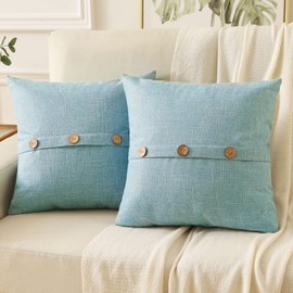 HAUSSY Light Blue Linen Decorative Throw Pillow Covers 22x22 Inch Set of 2,Square Cushion Case with 3 Vintage Buttons,Modern Farmhouse Home Decor for Couch,Bed