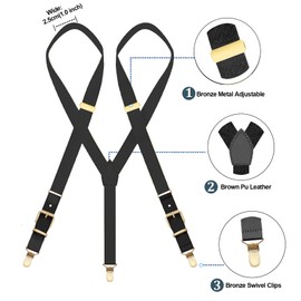 MENDENG Black Leather Suspenders for Men Bronze Metal Clips Wedding Party Braces