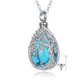 ONEFINITY Tree of Life Urn Necklaces for Ashes 925 Sterling Silver Tree of Life Crystal Cremation Jewelry for Ashes Memory Jewelry for Women Men (Turquoise tree)
