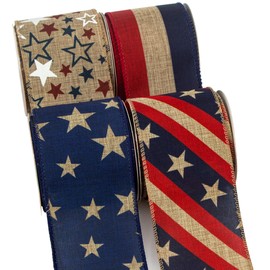 Ribbli Rustic Patriotic Ribbon Wired,4 Rolls Stars and Stripes Burlap Ribbon,2-1/2 Inch Total 60 Feets(20 Yards), Patriotic Ribbon for Crafts,Wreaths,4th of July Big Bow,Party Decoration-PT01