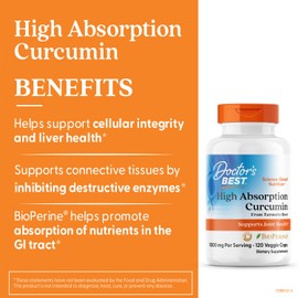 Doctor's Best Turmeric Curcumin Supplement 1000mg for Men & Women - Curcumin Caps from Turmeric Root, Black Pepper Extract (BioPerine), 95% Piperine, Joint Health Support, Non GMO - 120 Veg Capsules