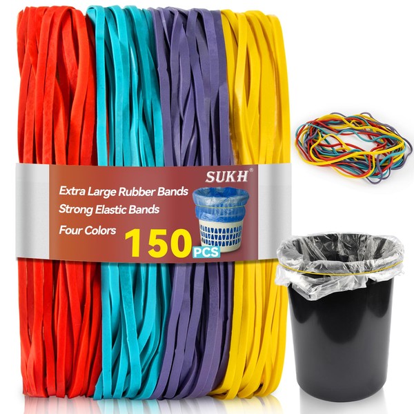 Sukh Large Rubber Bands -150PCS Extra Large Rubber Bands for Home Kitchen Office,7 Inches Long Rubber Bands Huge Rubber Band Heavy Duty Rubber Band Elastic Band Jumbo Rubber Band Four Colors