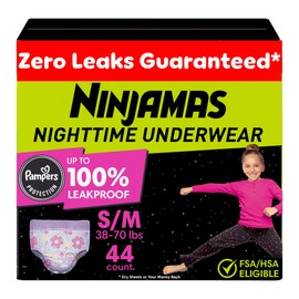 Ninjamas Girls Bedwetting Nighttime Underwear, Size S/M (38-70 lbs), 44 Count, Overnight Protection, Ultra Absorbent, Hypoallergenic