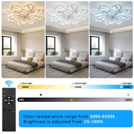 35''Ceiling Fans with Lights, Modern Ceiling Fan with Lights and Remote, Dimmable Bladeless Ceiling Fans Light, Low Profile Ceiling Fan 6 Speed Reversible Blades Timing 130W for Kids Bedroom White