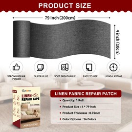 Linen Repair Tape 4x79 inch, Self Adhesive Linen Fabric Patches, Linen Fabric Patch Tape Kit, Fabric Repair Tape for Linen Sofas, Headboards, Chairs, Pillows, Curtains - Black Grey