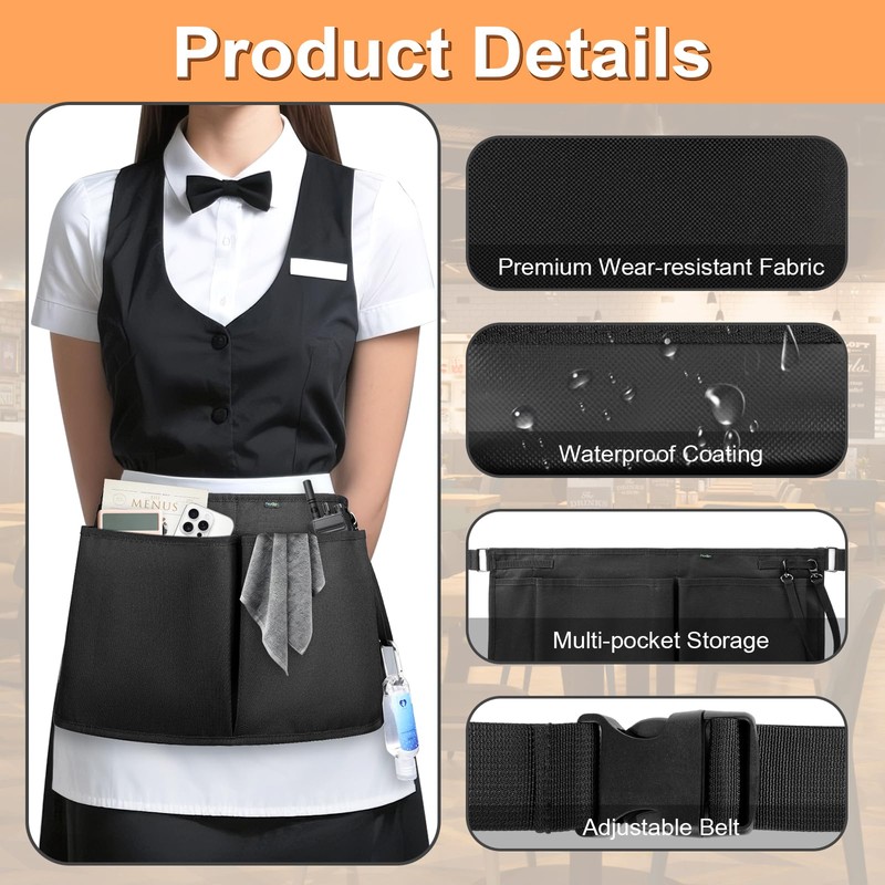 Playexen Server Apron with 5 Pockets, Server Waist Pouch with