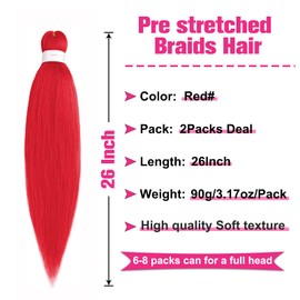 Unionbeauty Pre Stretched Braiding Hair 26 Inch 2 Packs Red Braiding Hair for Box Braids Red EZ Braid Yaki Texture Hot Water Setting Crochet Easy Braid Hair Extensions Synthetic Braiding Hair(Red#)
