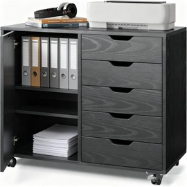 5-Drawer Wood Drawer Cabinet, Office Storage Cabinet with Adjustable Shelf & Wheels, Printer Stand for Home Office, Black, 15.7" D x 30.7" W x 25.4" H