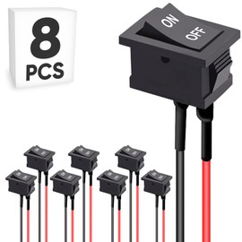 8-Pack Pre-Wired Rocker Toggle Switch with 15mm Wire, ON/Off Symbol SPST 2Pin Heavy Duty 10A Boat Switches for Home Auto Car Marine Boat, KCD1-101, Black