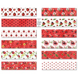 MOZUI 12 Rolls Ladybug Washi Tape Set - 12 Red & Black Insect Decorative Masking Tapes for Journaling, Scrapbooking, DIY Crafts, Gift Wrapping (15mm x 10ft per Roll)