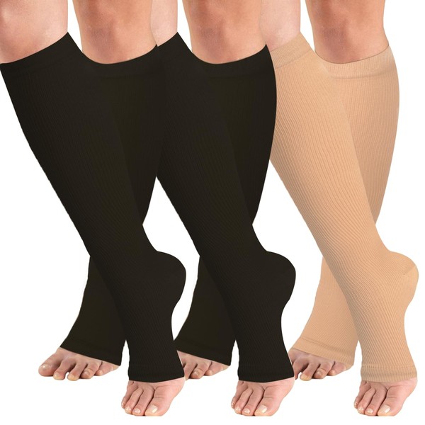 GET-FA - Calcetines de compresión de punta abierta de 15 a 20 mmHg para mujeres y hombres, medias de compresión de circulación sin dedos, 03-3 Pack Black/Black/Nude, XX-Large