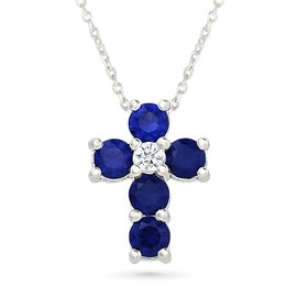 Created Blue Sapphire and Created White Sapphire Sterling Silver Cross Pendant Necklace