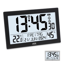 ADE Digital Radio-Controlled Clock with Large XL Display Calendar with Temperature Display and Hygrometer Wall Clock Radio Alarm Clock with 2 Alarm Times and Snooze Function Black