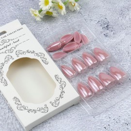 Pink Aurora Press on Nail Medium Nude Fake Nail Sqaure Mermaid Chrome Press on Nail Mirror Effect Press on Nail -24pcs False Nail for Women (pink)