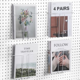 Beeveer 4 Pair Expandable Literature Display for Pegboard, Adjustable Width Metal Wire Magazine Holder Pegboard Shelf Hooks Accessories for Exhibitions Trade Show and Office Retail Store (White)