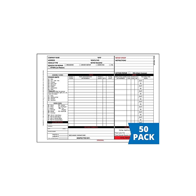 Garage Repair Order Forms with Work Codes, 8.5” x 11.75”,