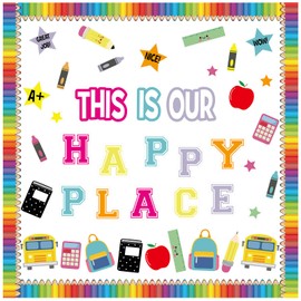 Mooliwe This is Our Happy Place Bulletin Board Kit School Bus Pencil Paper Cutouts Classroom Decorations for School Home Office Party Wall Decor Colorful Classroom Door Decor