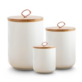 Sowlvenco White Ceramic Canister Set with Wooden Lid, 3-Piece Food Storage Jars for Kitchen Counter, Storage Container for Coffee, Tea, Spice, Sugar, Grains, Salt
