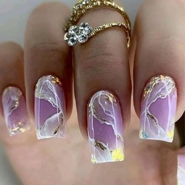 24 Pcs Medium Press on Nails Marble Pink Fake Nails Full Cover Glue on Nails with Gold Glitter Design Square Shape Acrylic False Nails Glossy Artificial Nails for Women Girls Nail Decorations