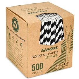 [500 Counts] Chunspak 5.75 inch Eco-friendly Disposable Short Paper Drinking Straws Bulk for Cocktail, Mixed Drinks - Black White Striped