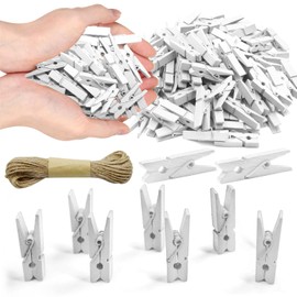 1.35 Inch Mini Clothes Pins for Photo【100 Pcs】 with 32 Feet Jute Twine，Mini Clothes Pins for Crafts,Wooden Small Clothes Pins for Pictures,Tiny Decorative Clothespins for Baby Shower (White)