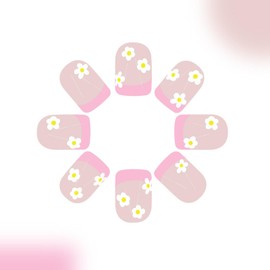 French Tip Press on Nails Short Square Fake Nails Pink Nails Press ons Glossy Glue on Nails Cute Acrylic Nails Spring Summer False Nails with White Flower Designs Nude Stick on Nails for Women 24Pcs