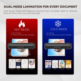 Laminator Machine 9-Inch Portable Thermal Laminator with Hot & Cold Modes, A4 Small Laminating Machine with ABS Jam-Release, 3-Min Warm-Up, 6-in-1 Photo Laminator Kit for Office & Classroom, Black