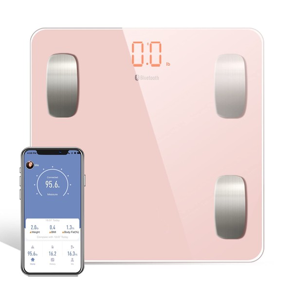 Uten Smart Scale for Body Weight, Digital Bathroom Weighing Wireless Scales with Body Fat and Water Weight for People, Bluetooth BMI Electronic Body Analyzer Machine with Smartphone App, 400lb, Pink