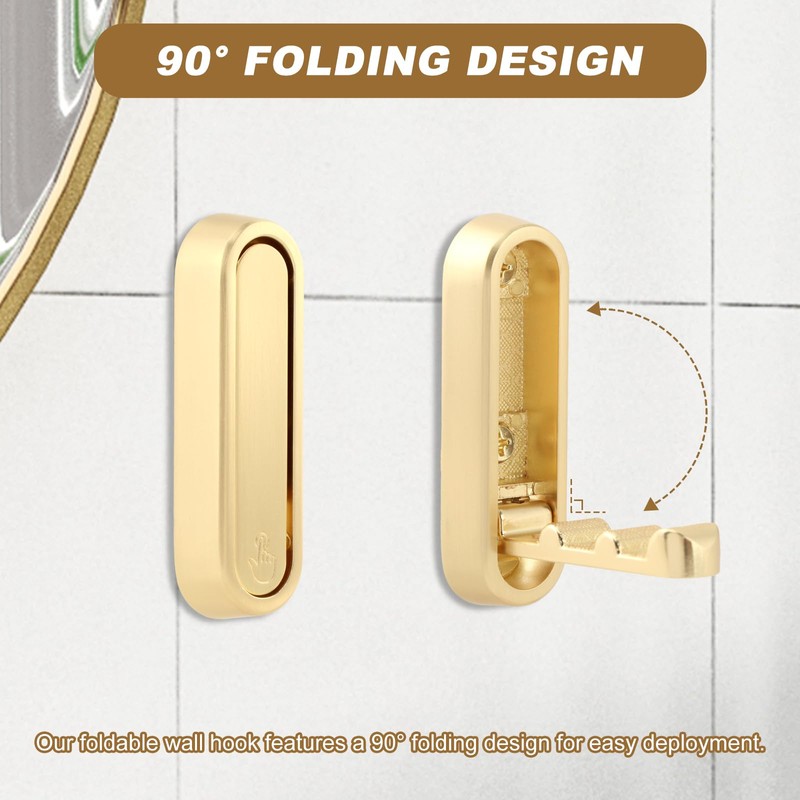 Foldable Wall Hooks, Gold, 5 Pack, Heavy Duty Coat and