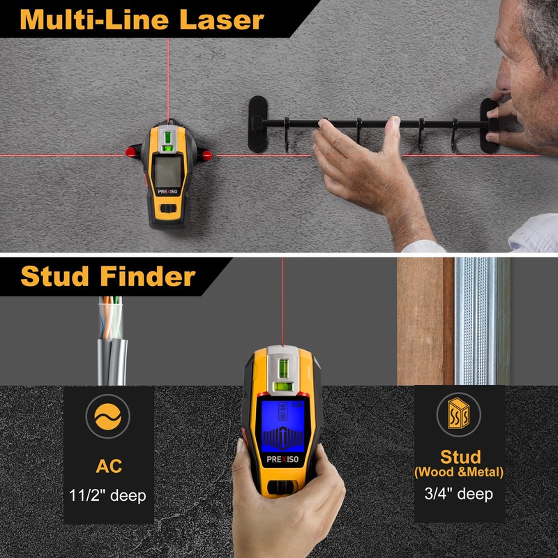 PREXISO 2-in-1 Stud Finder with Laser Level, Rechargeable Multi Surface