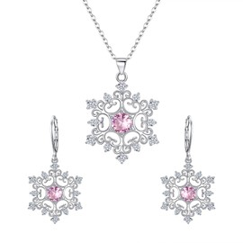 Clearine Vintage Cubic Zirconia Winter Snowflake Statement Pendant Necklace Leverback Dangle Pierced Earrings Costume Jewellery Set Pink Gem